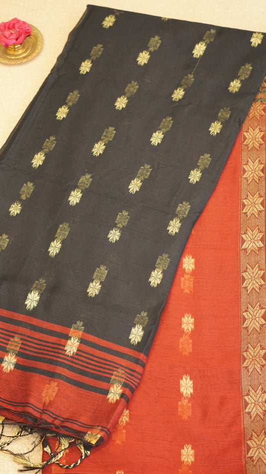 Handloom Cotton Saree Semi Maheshwari Design - Maroon With Black