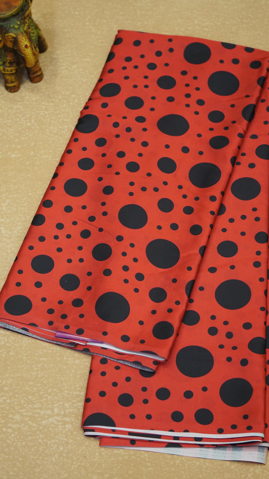 Modal Satin Saree - Red With Black Polka Dots