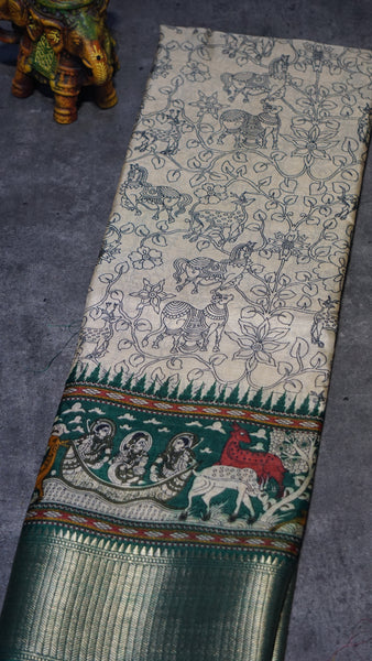 Dola Silk Kalamkari Print Green Border