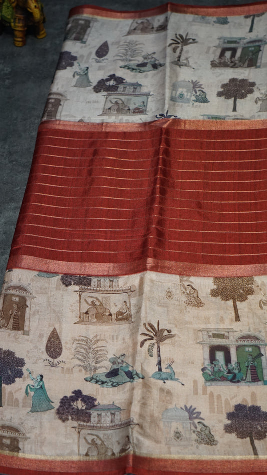 Semi Printed Silk Saree - Red