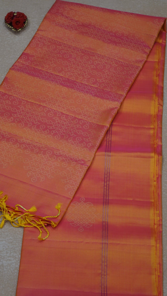 Soft Silk Saree Kolam Design - Peach & Orange Blend