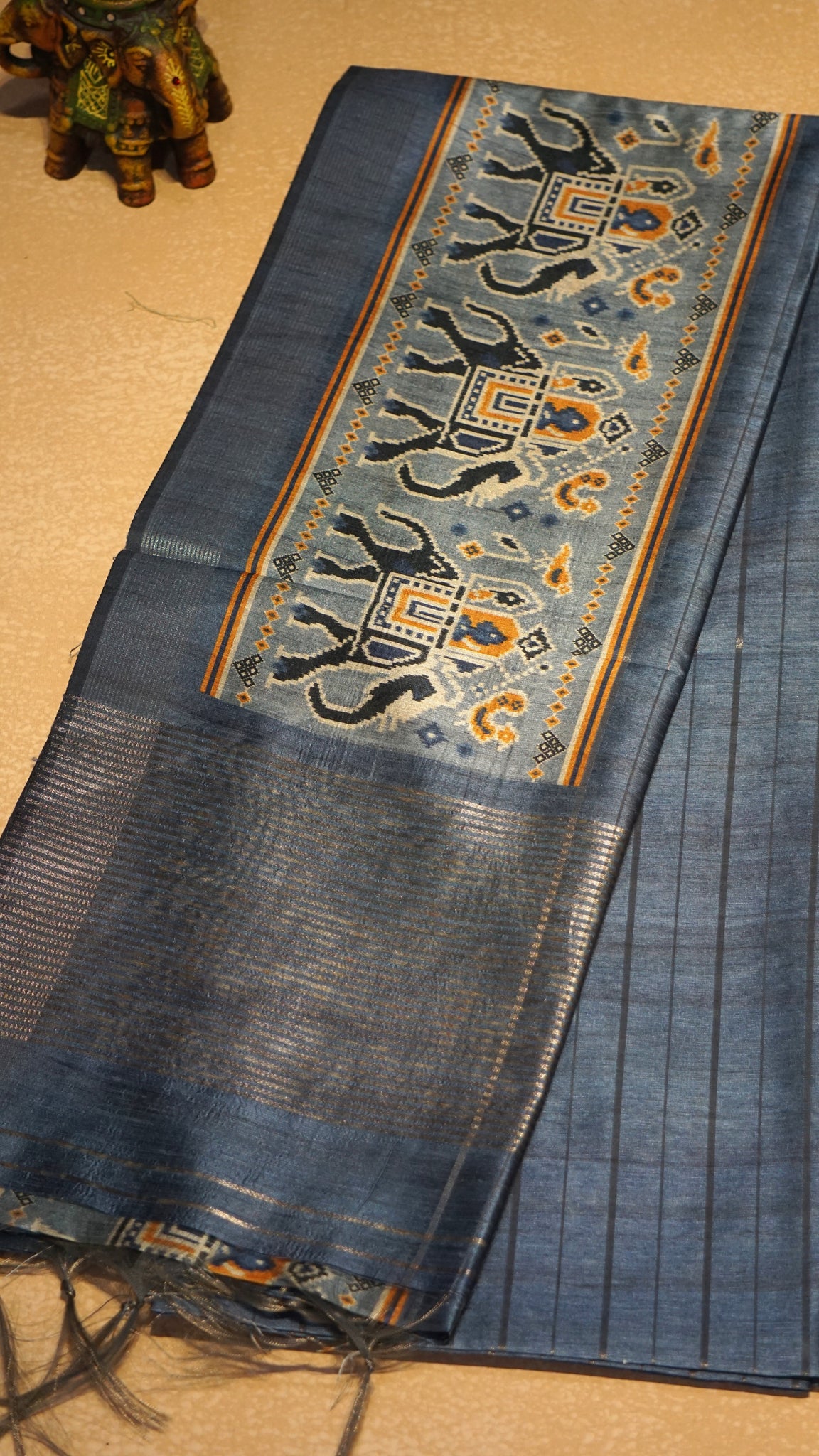 Semi Tussar Saree With Pattola Print Greyish Blue