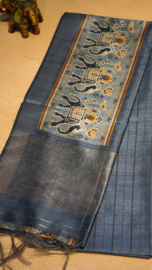 Semi Tussar Saree With Patola Print Greyish Blue