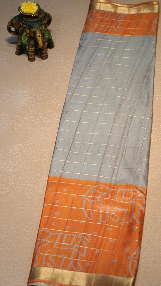 Korean Tussar Saree Mohini Print Orange