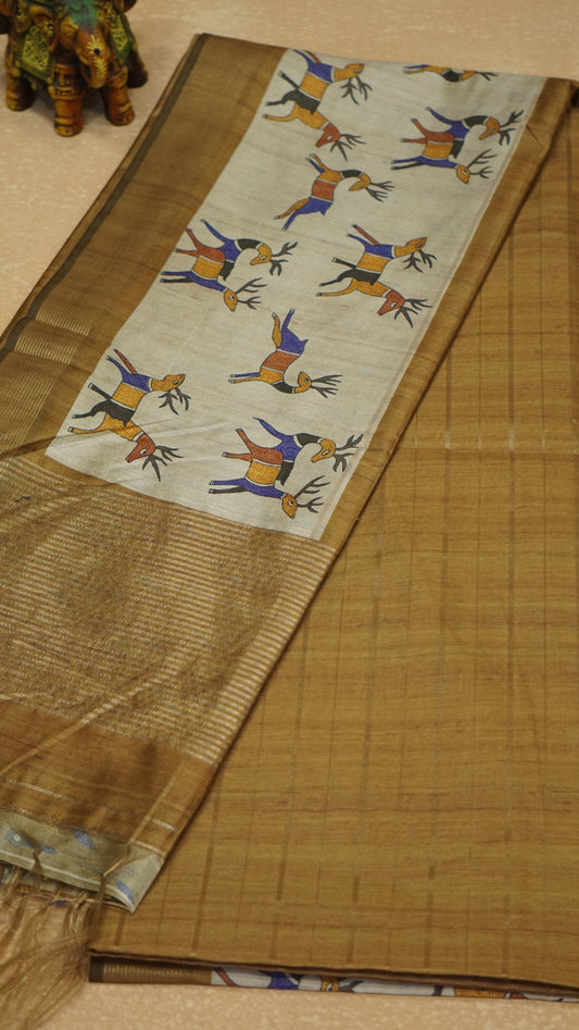 Semi Tussar Saree With Deer Border - Golden