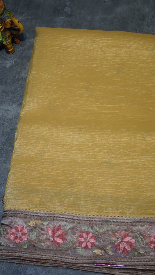 Semi Tussar Saree Crushed With Tissue Border Yellow