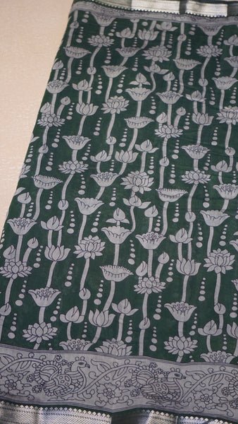 Malai Cotton Saree Pichwai Print Green