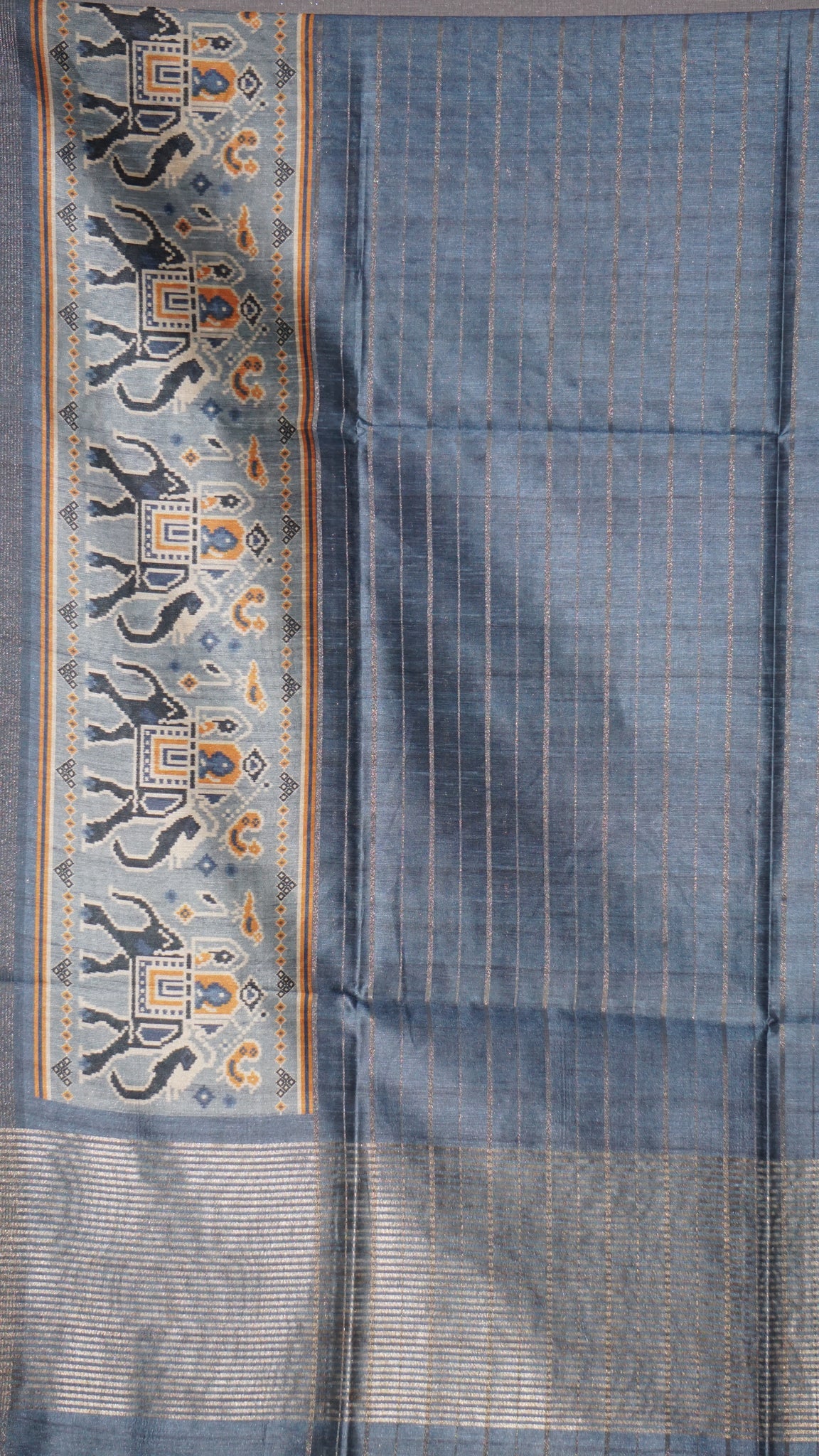 Semi Tussar Saree With Pattola Print Greyish Blue