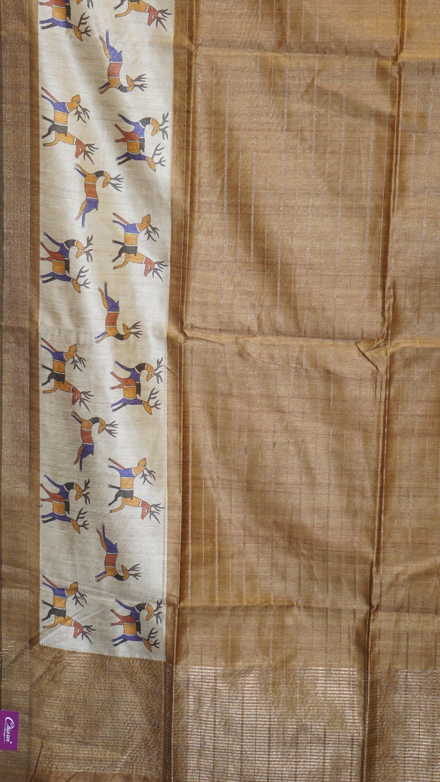 Semi Tussar Saree With Deer Border - Golden