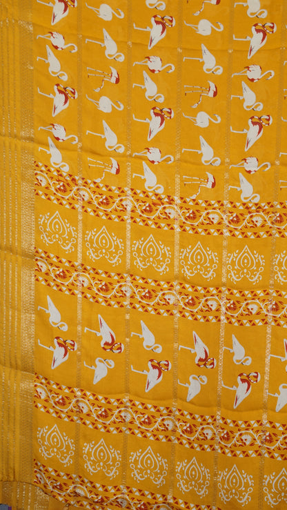 Shiffon Saree Flamingo Design - Mustard Yellow