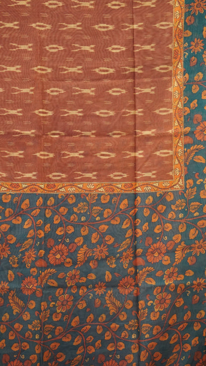 Chanderi Saree Ikkatkari Print - Maroon & Blue