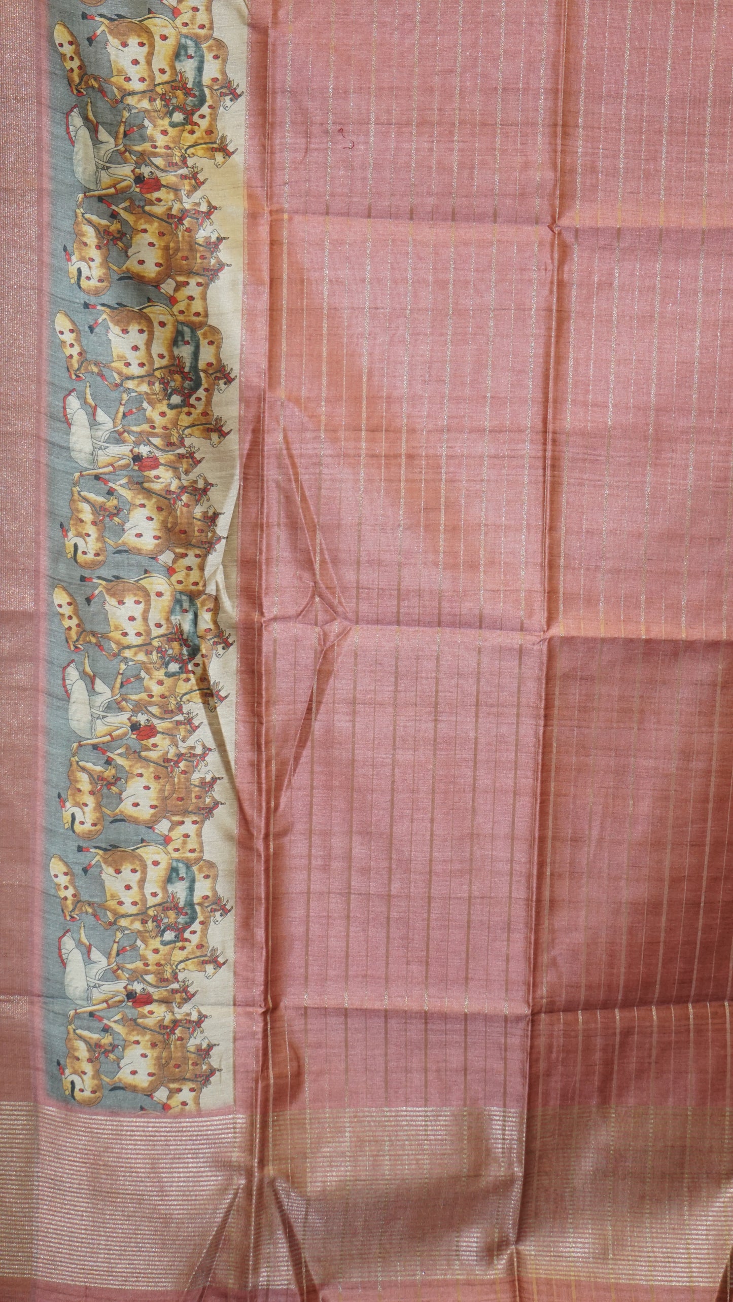 Semi Tussar Saree With Pichwai Border - Rust Red