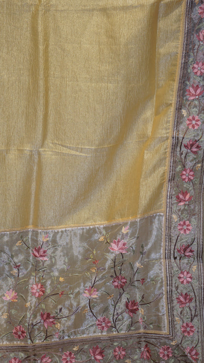Semi Tussar Saree Crushed With Tissue Border Yellow