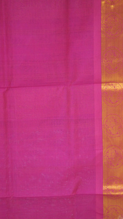 Silk Cotton Saree - Green & Dark Pink