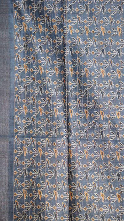 Semi Tussar Saree With Pattola Print Greyish Blue