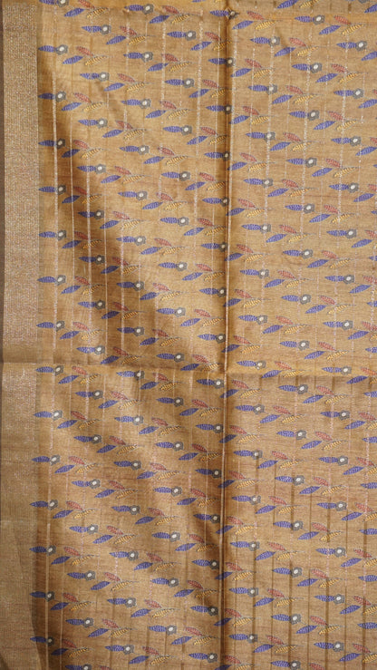Semi Tussar Saree With Deer Border - Golden