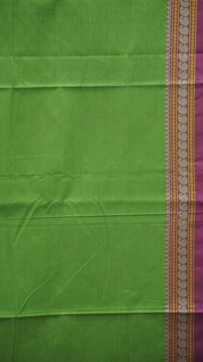 Kanchi Cotton Saree - Light Green with Pink Border