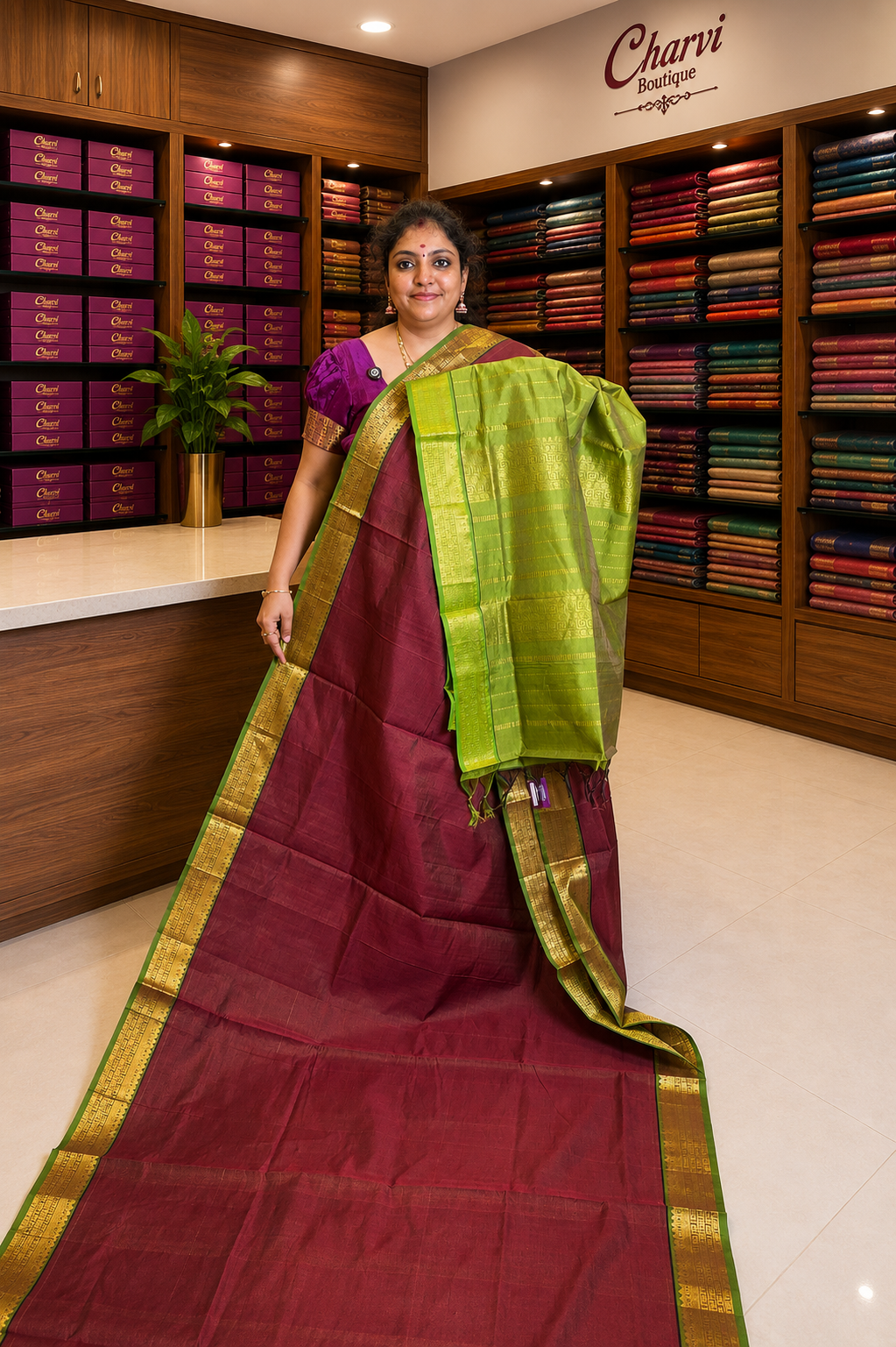Silk Cotton Saree-Maroon with Contrast Border in Vairaoosi Pattern