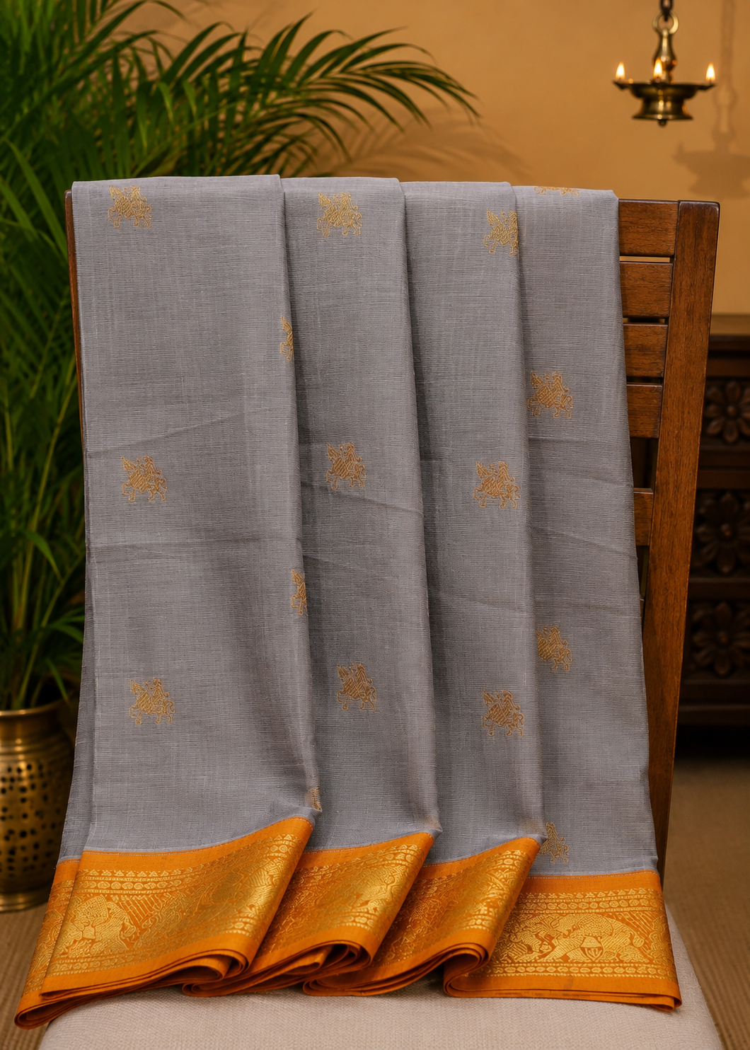 Chettinad Cotton Saree–Grey with Elephant Zari Border