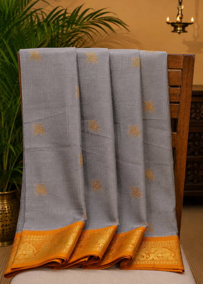 Chettinad Cotton Saree–Grey with Elephant Zari Border