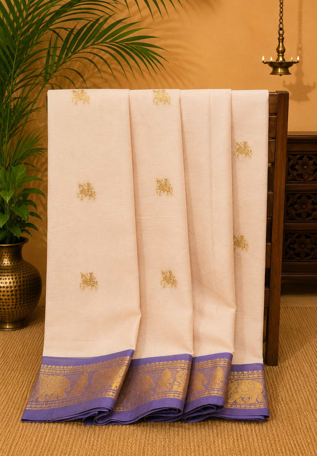 Chettinad Cotton Saree–Sand Beige with Elephant Zari Border