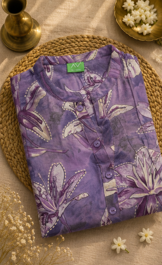 Kurti Top - Purple Collor Neck with Floral Design