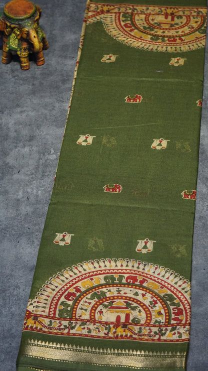 Semi Linen Kalamkari Saree Green