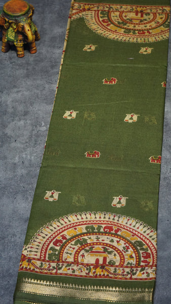 Semi Linen Kalamkari Saree Green