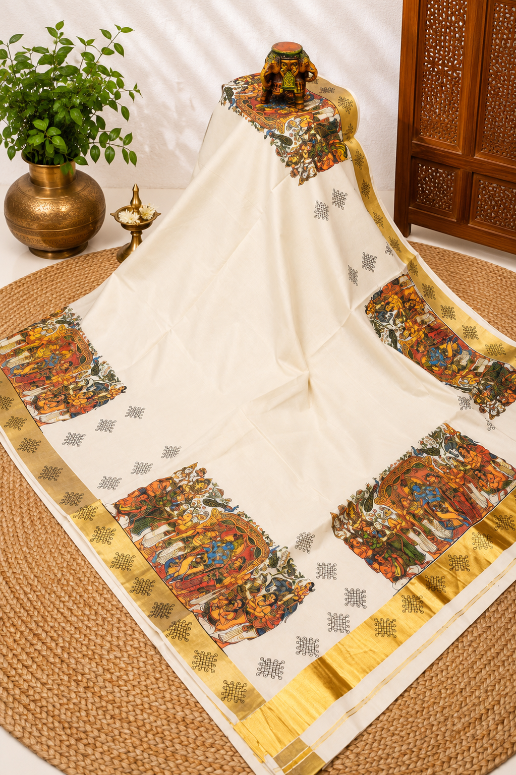 Cotton Saree-Off White with Traditional Motifs