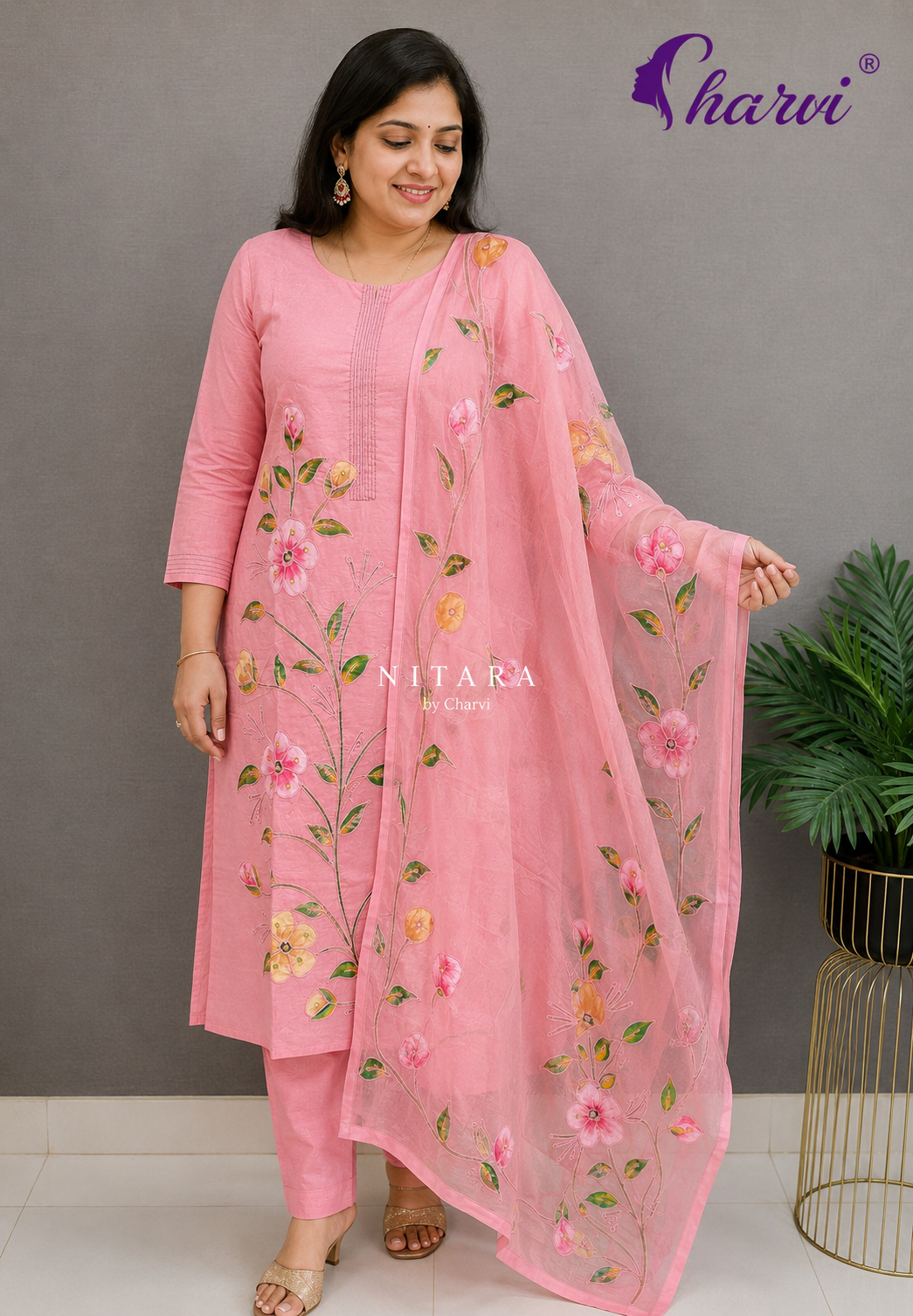 3 Pcs Salwar Set-Pink Embroidered