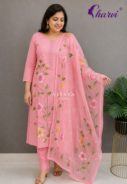 3 Pcs Salwar Set-Pink Embroidered