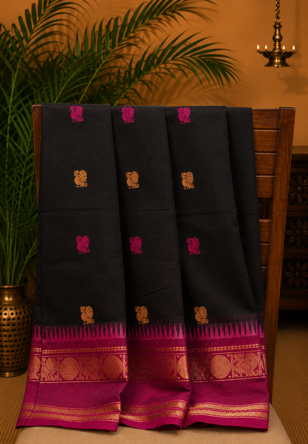 Chettinad Cotton Saree–Black-Pink with Heritage Zari Border