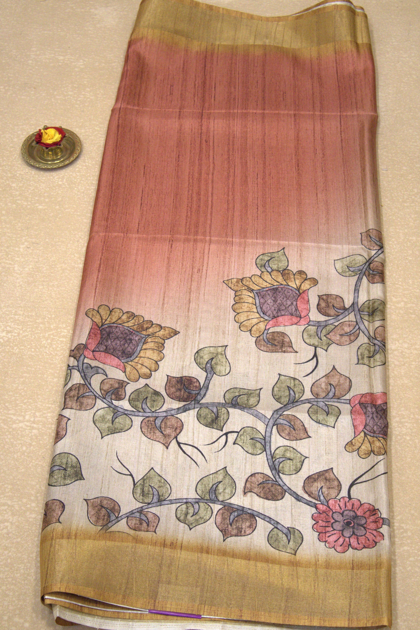 Semi Tussar Saree Kalamkari Print -Brick Mustard