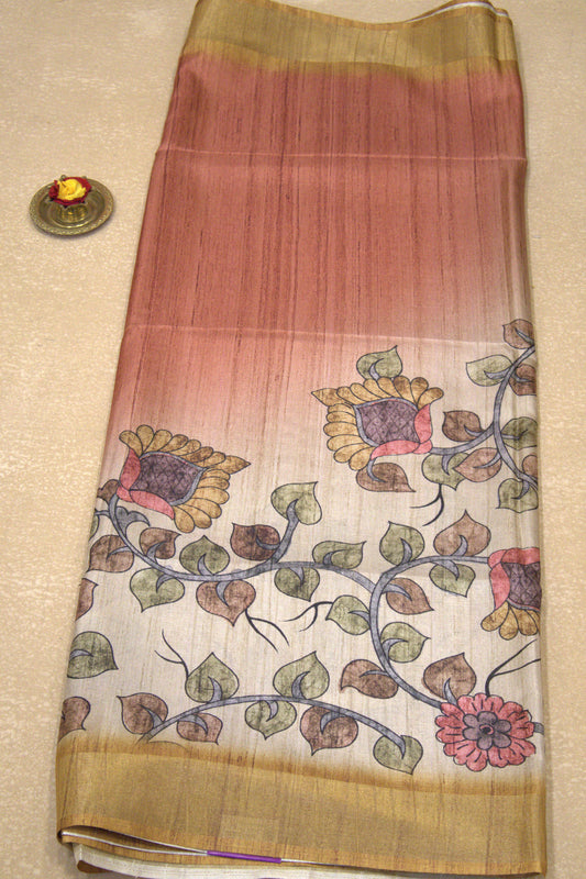Semi Tussar Saree Kalamkari Print -Brick Mustard