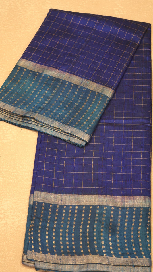 Pure Dupion Silk Saree Checks - Navy Blue with Peacock Blue Border
