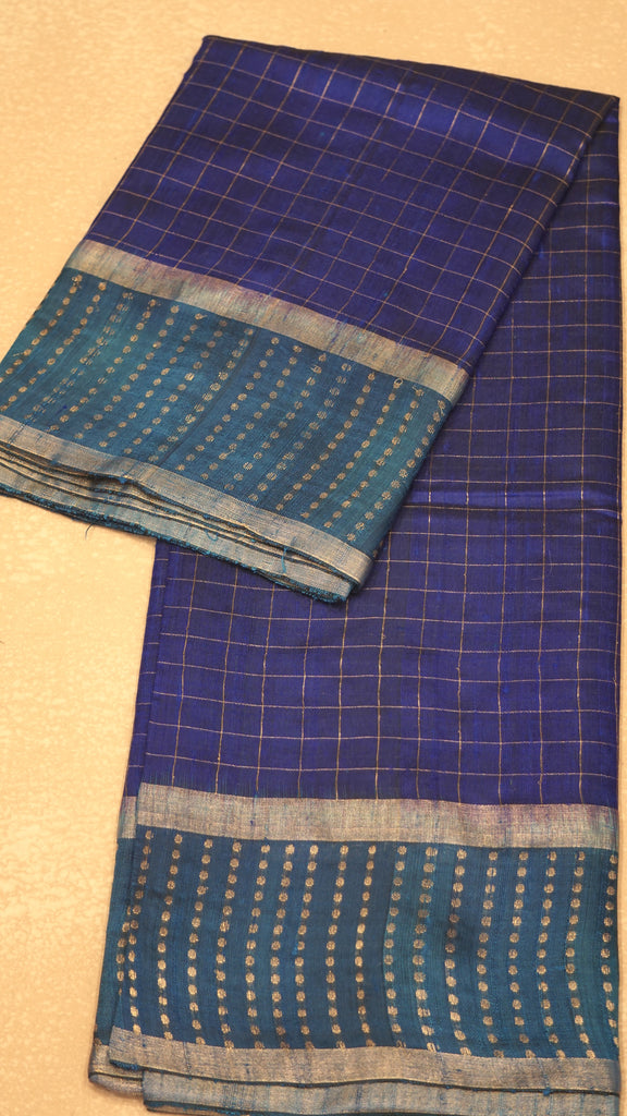 Pure Dupion Silk Saree Checks - Navy Blue with Peacock Blue Border