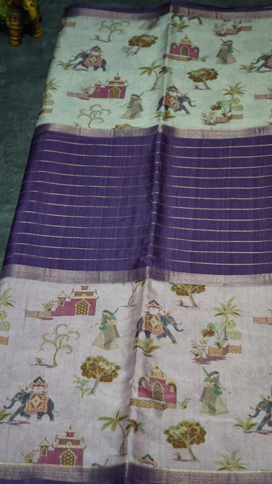 Semi Printed Silk Saree - Purple