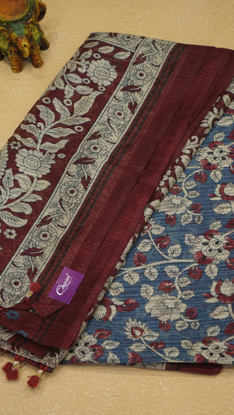 Jute Cotton Saree Kalamkari Print - Blue