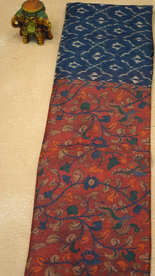 Chanderi Saree Ikkatkari Print - Red & Navy Blue