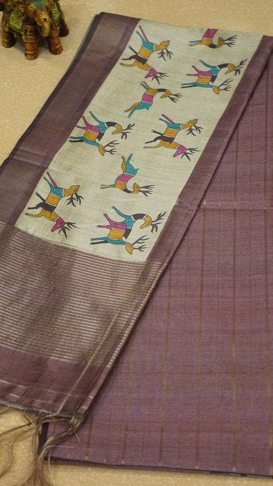 Semi Tussar Saree With Deer Border - Lavender