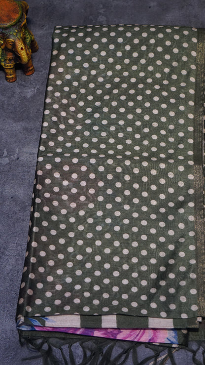 Gicha Tussar Saree Phulwari Design Dark Green