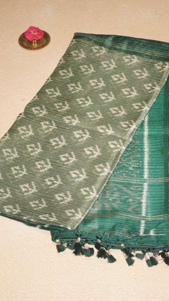 Jute Cotton Saree - Green & Light Green