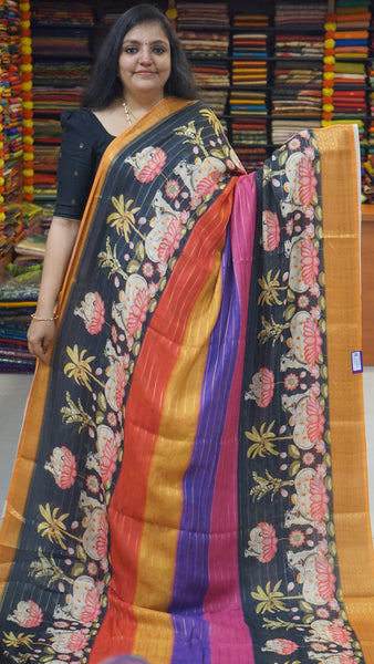 Shiffon Saree Pichwai Print Black to Mustard