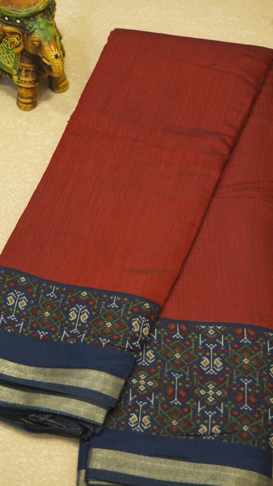 Malai Cotton Saree Plain - Maroon With Navy Blue Border