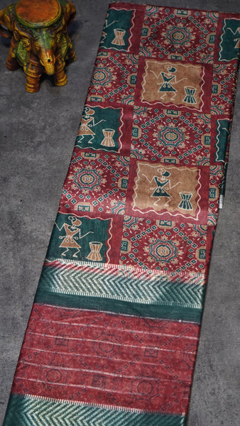 Semi Printed Silk Ajrak Print Maroon - Green