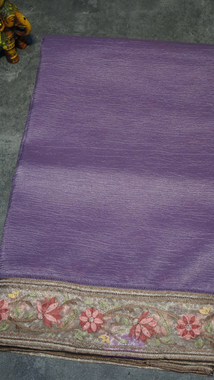 Semi Tussar Saree Crushed With Tissue Border Lavender