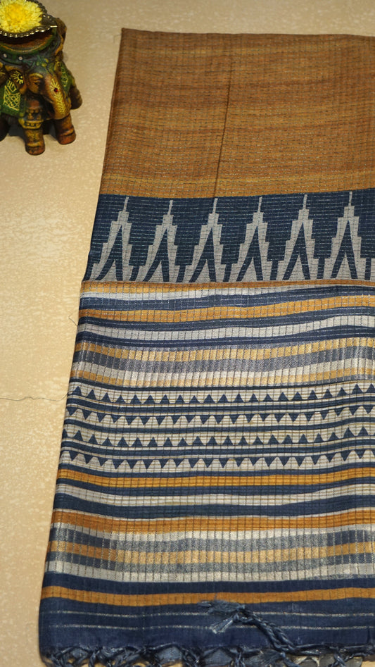 Semi Tussar Saree With Art Zari Mustard - Grey