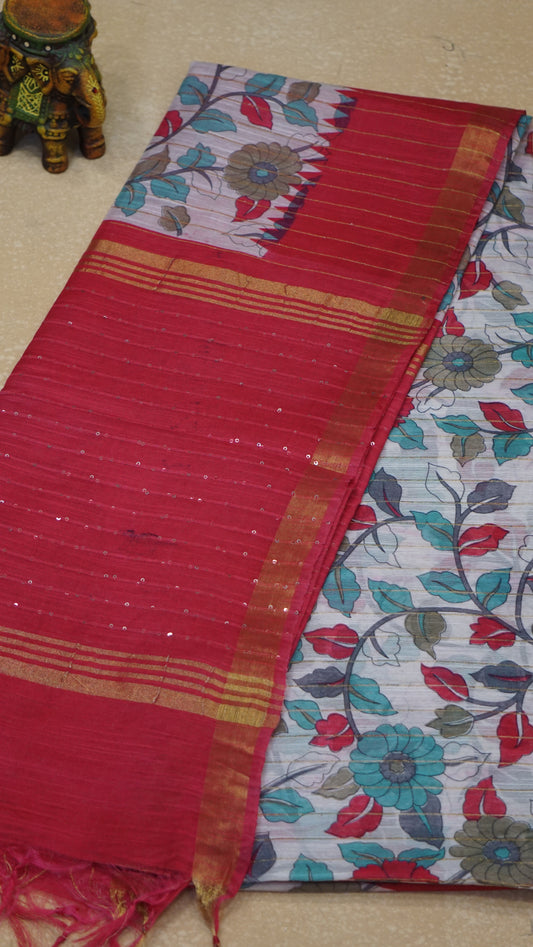Bhagalpur Tussar Saree Kalamkari Print - Pink