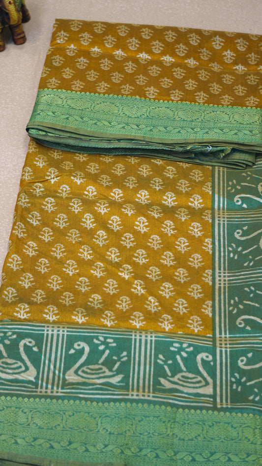 Semi Pattola With Swan Print Border - Mustard