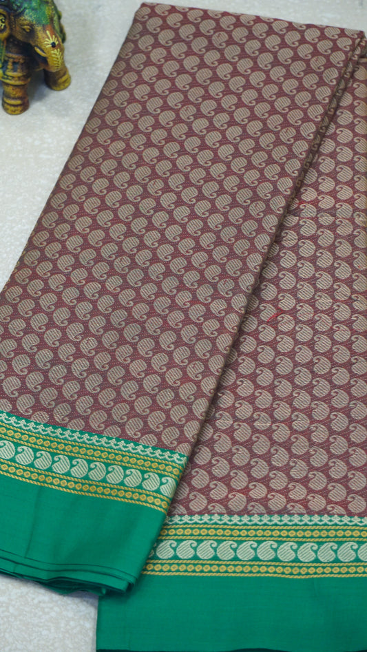 Kanchi Cotton Saree - Brown with Green Border